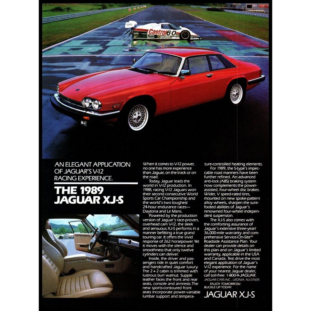 1989 Jaguar XJ-S Coupe Vintage Print Ad Le Mans Race Car Track Wall Art Photo